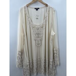 Roaman's Woman’s Long Sleeve Ivory Lace Embellished Pullover Top Size 30W NWOT